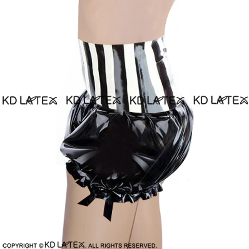 Black And White Stripes Trims On Top Sexy Latex Shorts With Bows Rubber Underwears Underpants Panty DK-0087