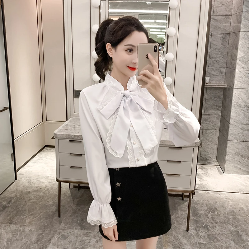 Frill Trim Shirt Mulheres Bow Knot Collar Festa Lanterna Manga Pliado Camisa Blusa Feminino Rendas Patchwork Moda Elegante Outono