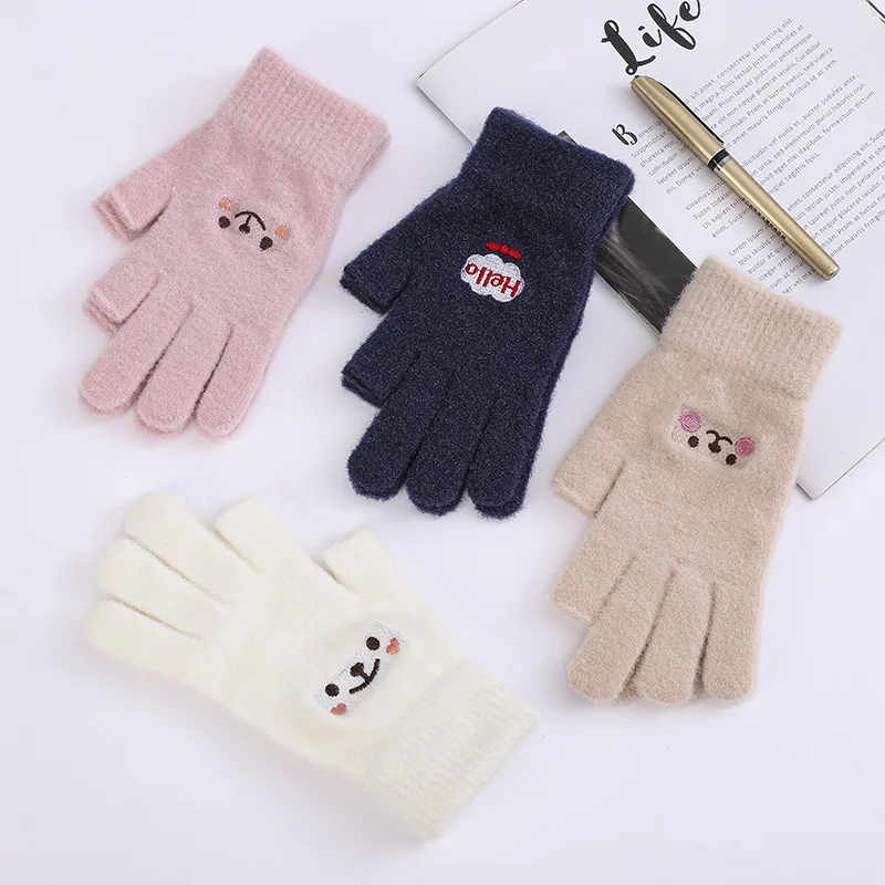 New Arrival Warm Female Winter Adult Smiling Face Fashion Plus Velvet Padded Gloves Cashmere Leaky Two-finger Gloves