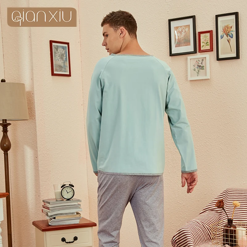 Pijamas de lana con cuello redondo para hombre, ropa de casa de algodón, camisones de talla grande, ropa informal de otoño e invierno