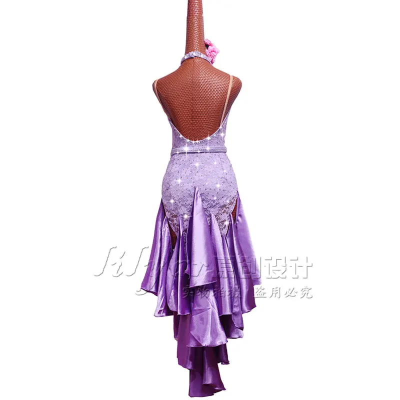 New Latin Dance Dress Competition Dress Costumes Skirt Performing Dress Rhinestones Adult Customize Children Purple Tassel Skirt