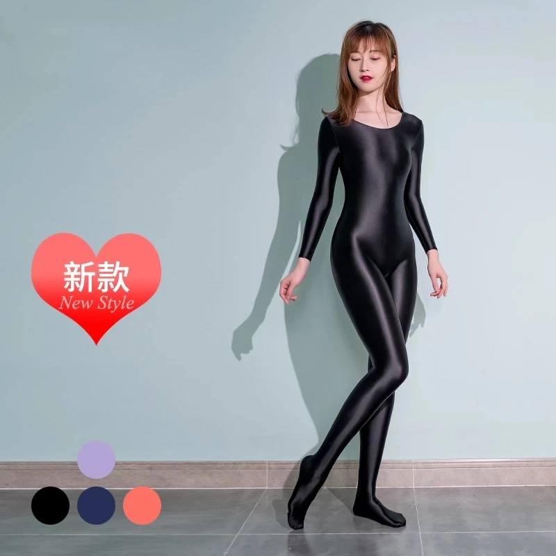 Sexy men Plus size Long sleeve Shapewear Pantyhose women Jumpsuit Silky Shiny One-piece swimsuit Tights Oily Rompers Bodysuit