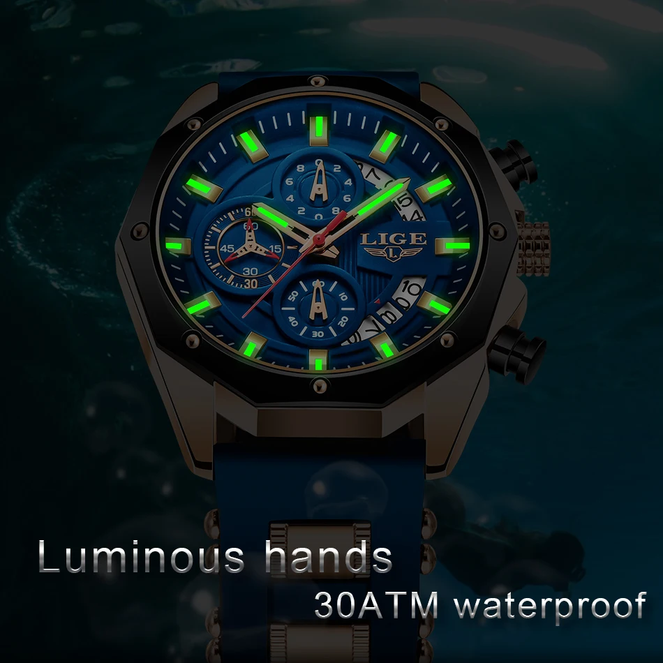 2024 LIGE New Fashion Mens Watches Top Brand Luxury Silicone Sport Watch Men Quartz Date Clock Waterproof Wristwatch Chronograph