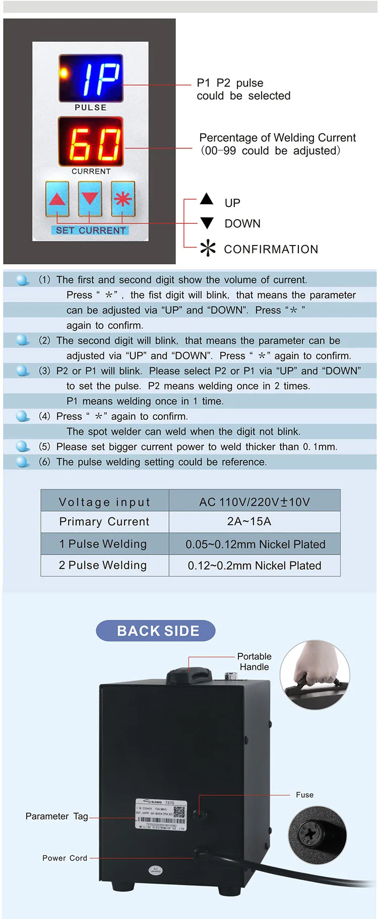 SUNKKO 737G battery spot welder 1.5KW LED pulse 18650 lithium battery spot welding machine maximum welding 0.2mm nickel belt pin