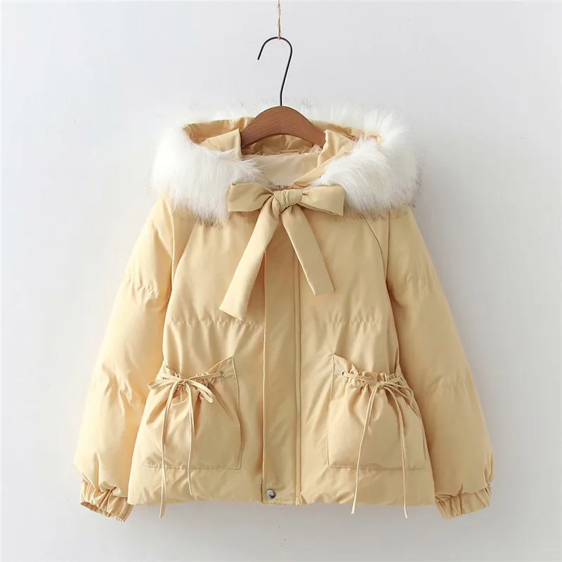 Kawaii Fashion Cotton Padded Jacket Women Cute Vintage Thick Warm Fur Collar Hooded Coat Casual Black Parka Outerwear Overcoat