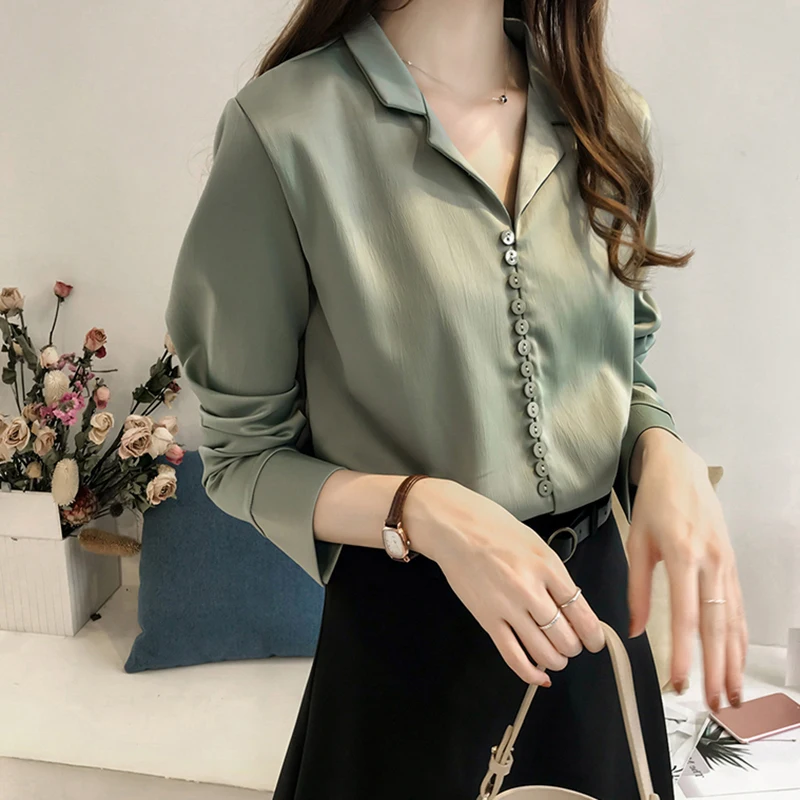 Women Solid Long Sleeve Chiffon Tops Female Casual Turn-down Collar Blouses Office Lady Korean Button Shirts Blusas Mujer