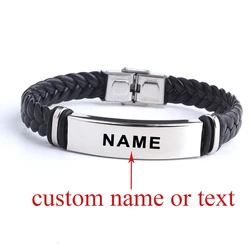 Schwarz Sesam Nach name Logo Leder Armreif & Armband Personalisierte Edelstahl Armbänder Für Frauen Männer ID Armband