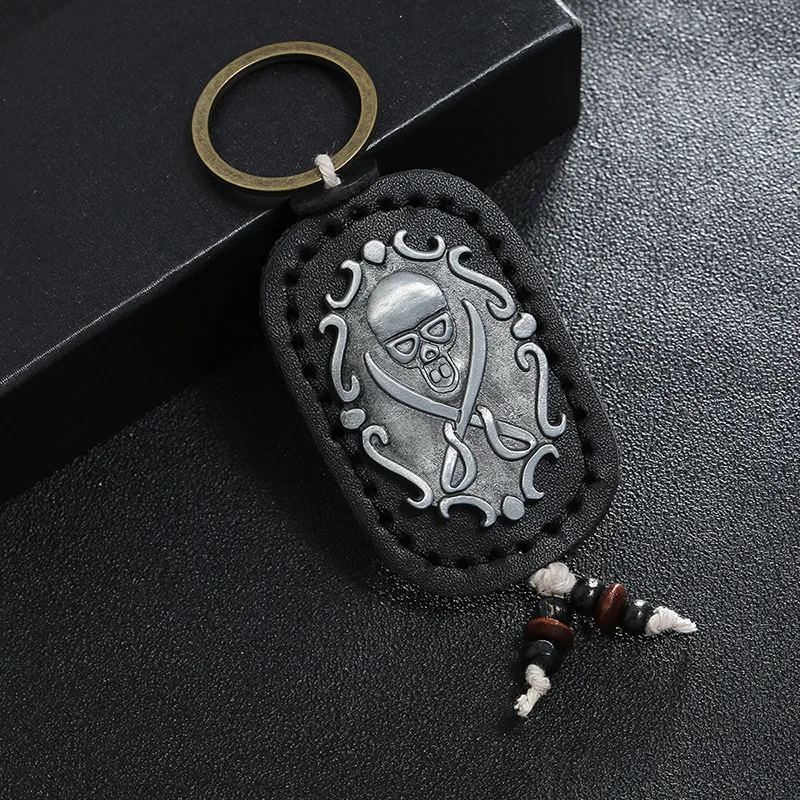 Vintage cowhide key ring hand stitched double faced skull leather key ring bag pendant