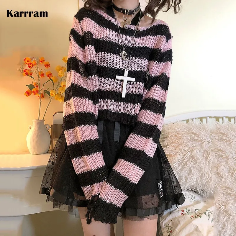 Karrram różowe paski gotyckie swetry damskie zgrywanie dziury luźny sweter z dzianiny postrzępione wróżki Grunge swetry Emo Streetwear Lolita