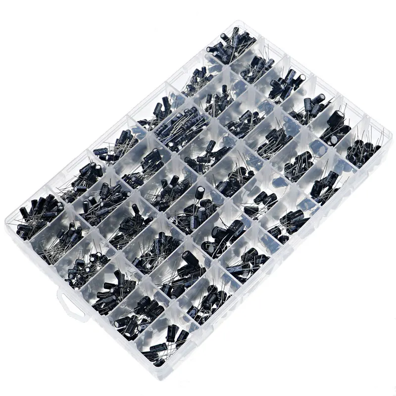 1000pcs 36Values 0.1uF -1000uF 16V 25V 35V 50V Capacitors 4.7UF 10UF 22UF 33UF 47UF Electrolytic Capacitor Assortment Box Kit