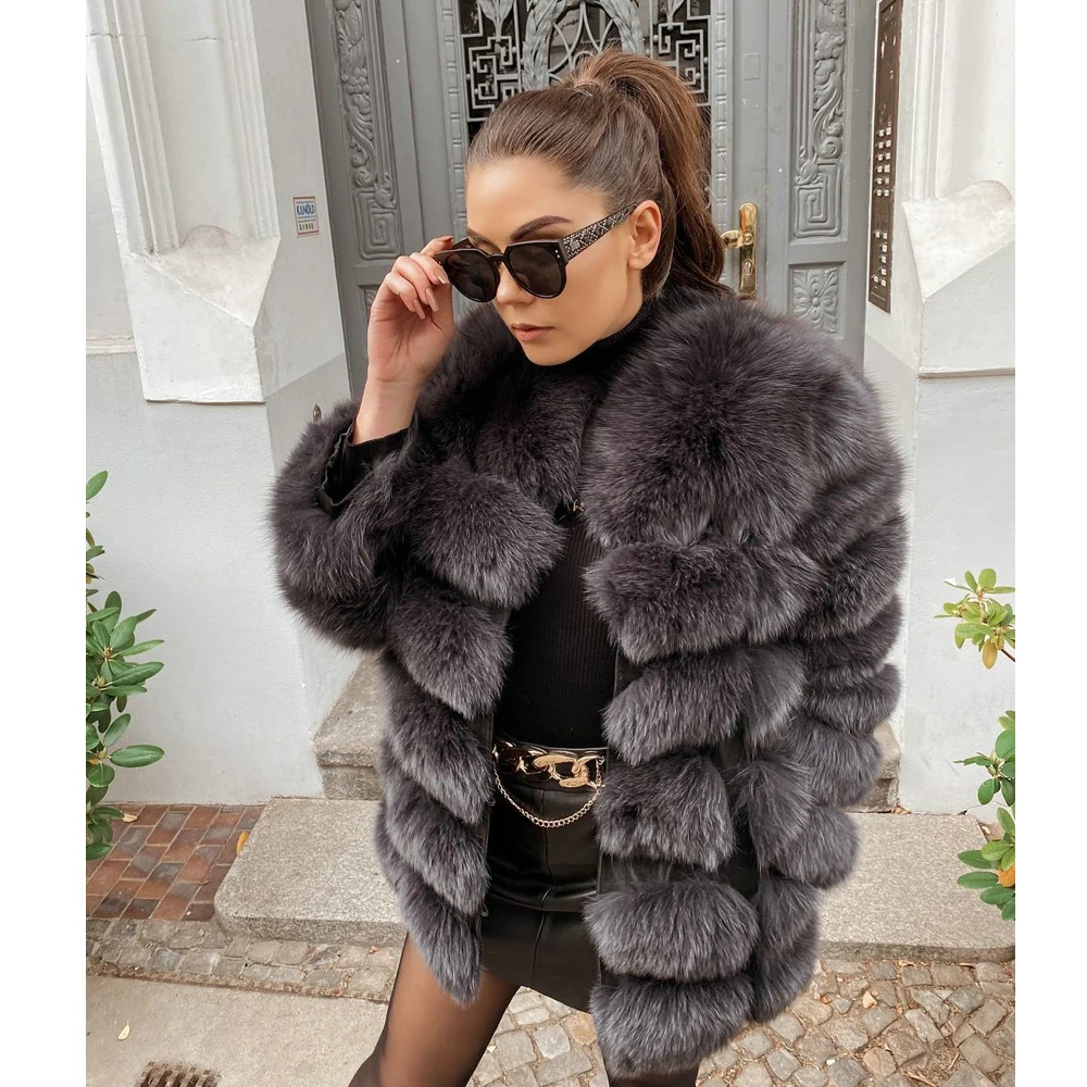 Winter Fashion Real Fox Fur Jacket Medium Length Round Collar Casual Women High Quality Genuine Fox Fur Coat Woman Trendy Outfit