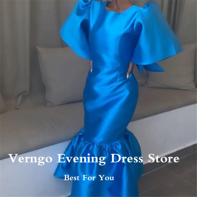 Verngo modesto árabe azul cetim vestido de noite o pescoço meia mangas sereia vestidos de baile comprimento do tornozelo vestido de evento feminino personalizado