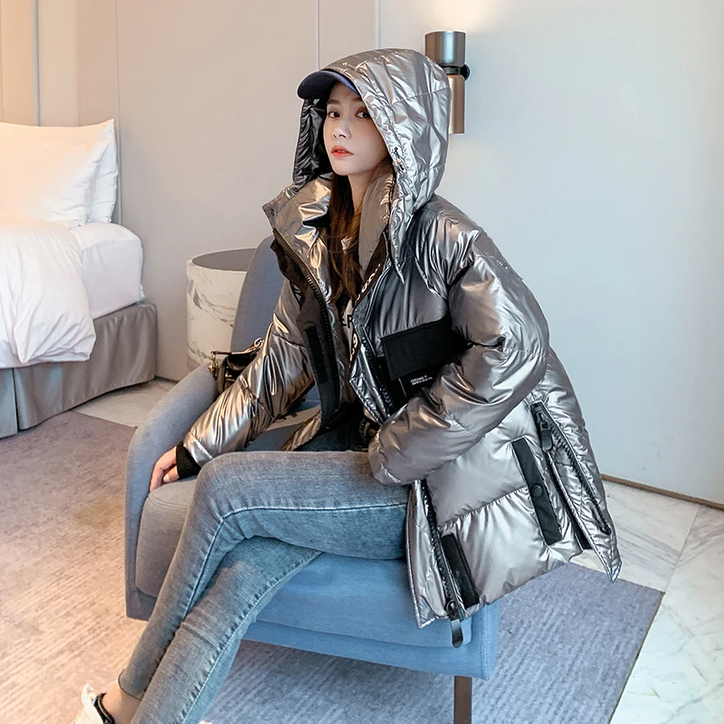 

New Winter Glossy Hooded Down Cotton Jacket Coat Women Down Parker Female Students Loose Bread Coat All-match Thickened Overcoat