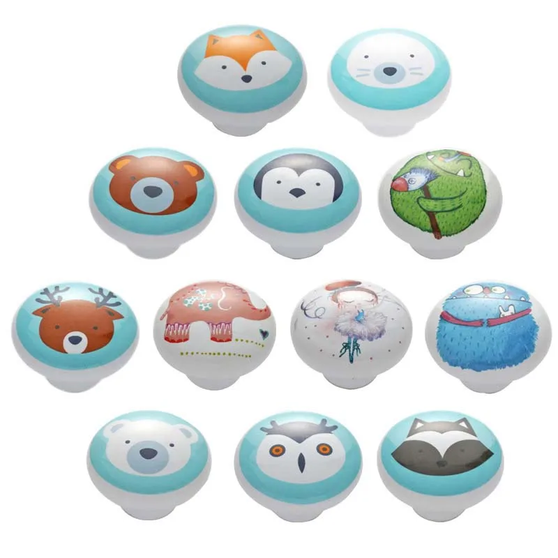 Nordic Single Hole Cartoon Handle Ceramic Round Illustration Wardrobe Door Cupboard Drawer Handle