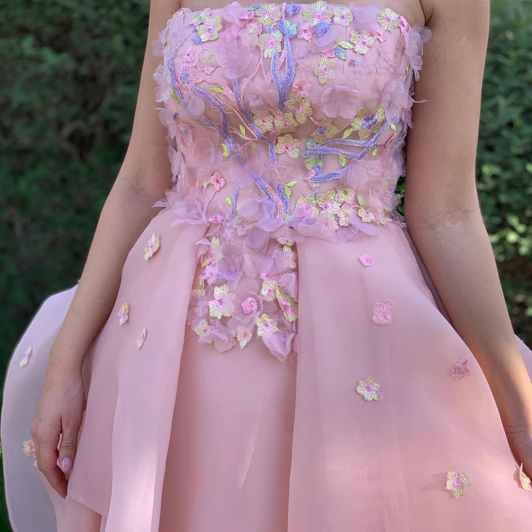 Vestidos de graduación con estampado Floral sin tirantes para niña, vestido de cumpleaños largo hasta el suelo, vestido de dama de honor rosa, vestido de noche personalizado