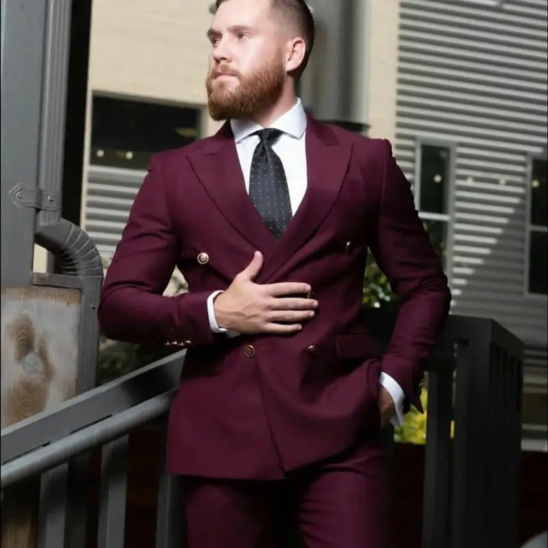 

JELTONEWIN 2021 Fashion Double Breasted Burgundy Mens Suits For Groom Best Man Dress Business Wedding Party Blazer 2 Pieces Set