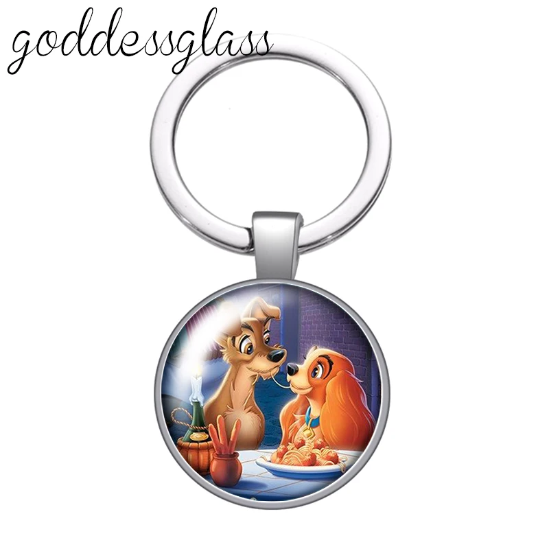 Disney  Lady and the Tramp Dogs glass cabochon keychain Bag Car key chain Ring Holder Charms keychains gift