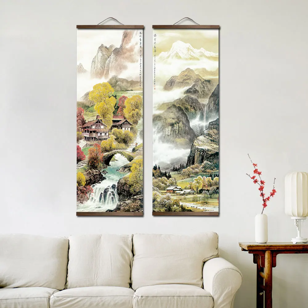 Chinese Traditional Style Four Seasons Landscape Canvas for Livingroom Wall Art Poster Solid Wood Scroll Paintings Home Decor