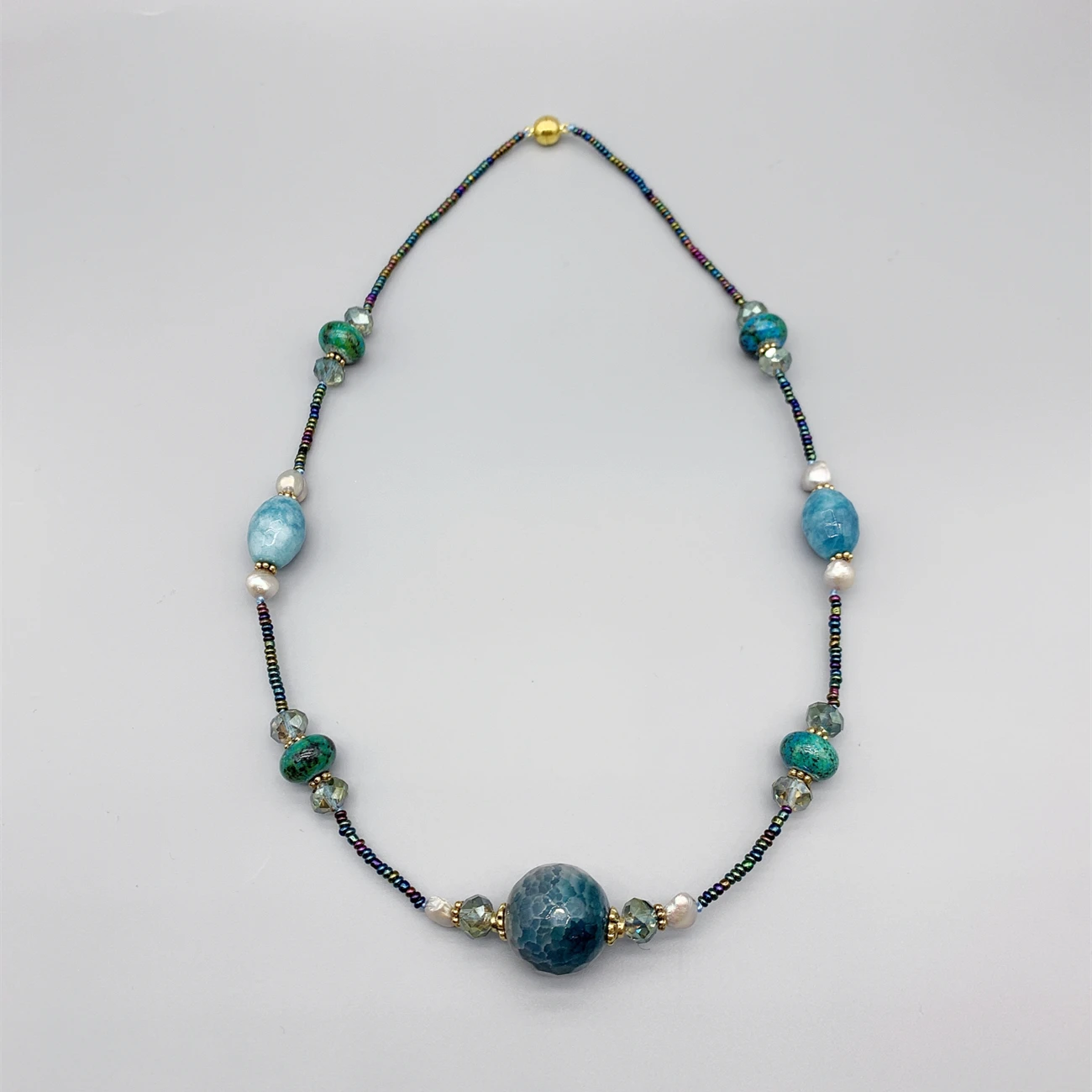 FoLisaUnique Crystal Gray Potato Pearls Blue Aquamarine Azurite Teal Agate Necklace For Women