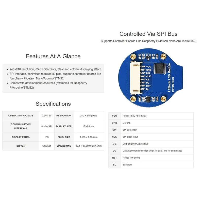 1.28Inch Round Display LCD Screen Module GC9A01 SPI Communication RGB 65K Color Support for Raspberry