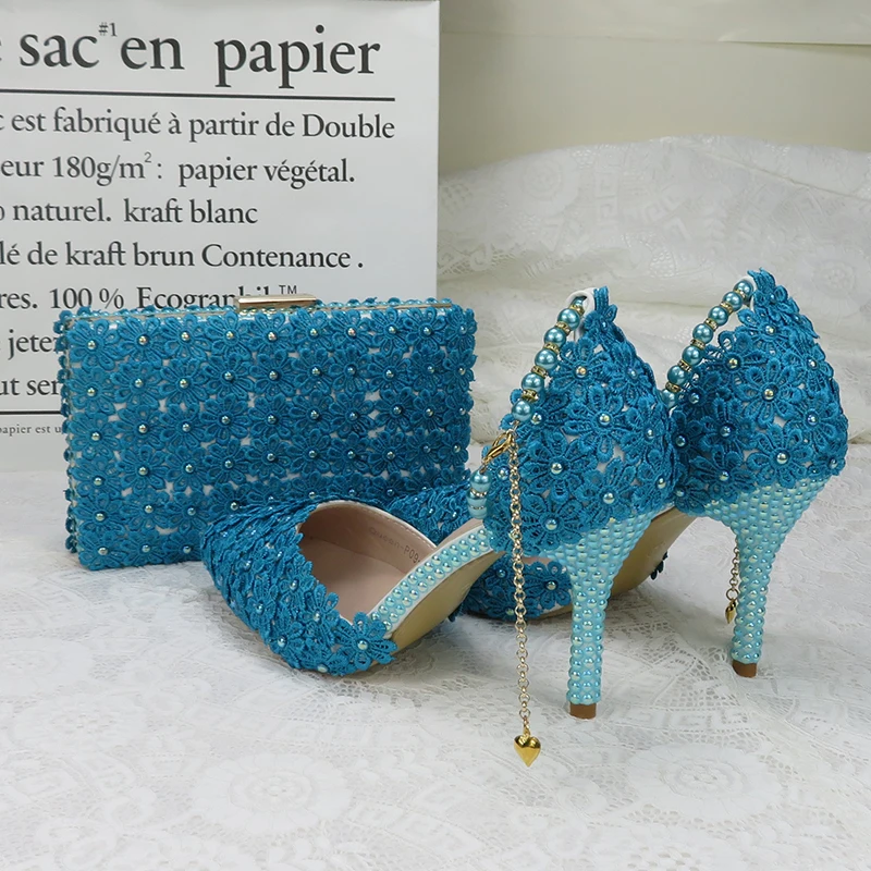 

Lace-Up Flower Wedding Shoes With Matching Bags High Heels Pointed Toe Ankle Strap Ladies Party shoe and bag set Pearl Shoe