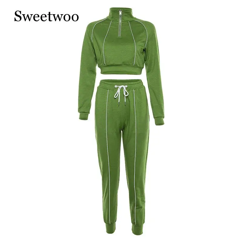 Women Reflective Tracksuit 2 Piece Outfits Sports Sets 2020 New Running Pants Splicing Long Sleeve Zipper Up Trench Top Suits