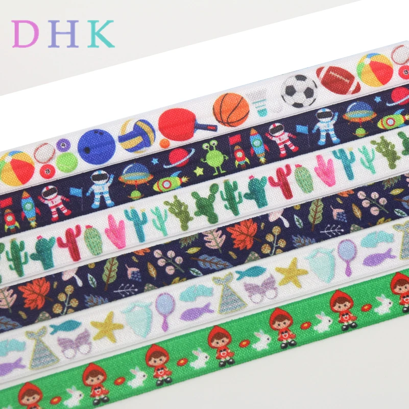 DHK 5/8\'\' 5yards ball cartoon cactus space printed Fold Elastic FOE stretch ribbon hairbow headwear headband DIY OEM E1635