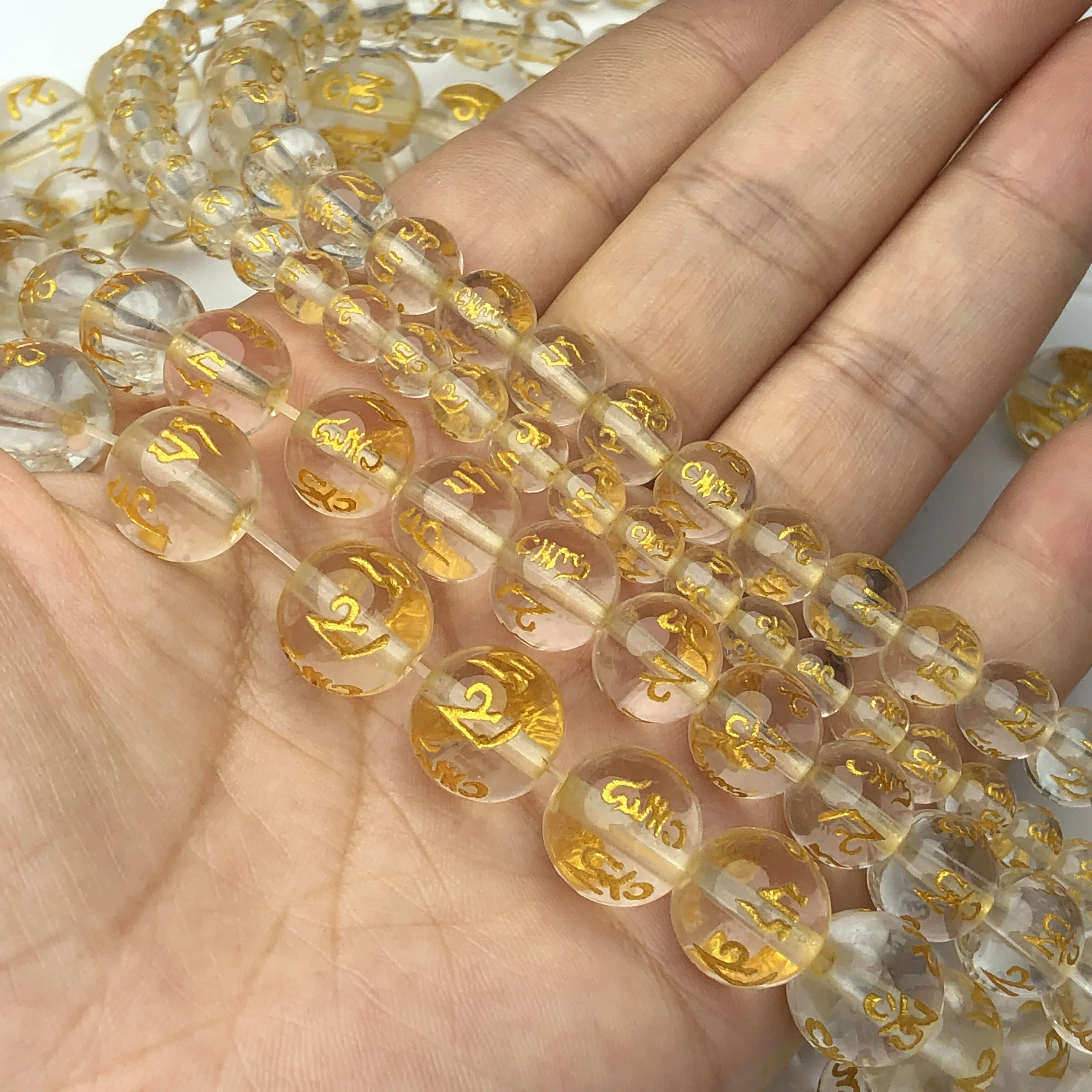 Six Word Mantra Prayer Buddha Beads Natural Clear Yellow Crystal Glass Lucky Amulet Round Beads DIY Bracelet For Jewelry Making