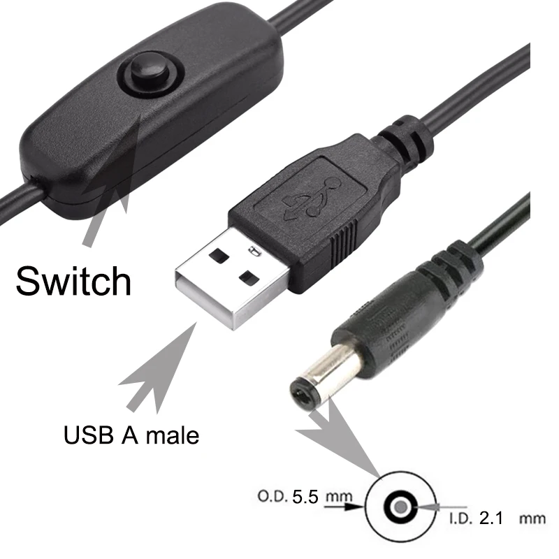 Кабель питания USB-DC с выключателем, 5 футов, 1,5 м, 5,5x2,1 мм