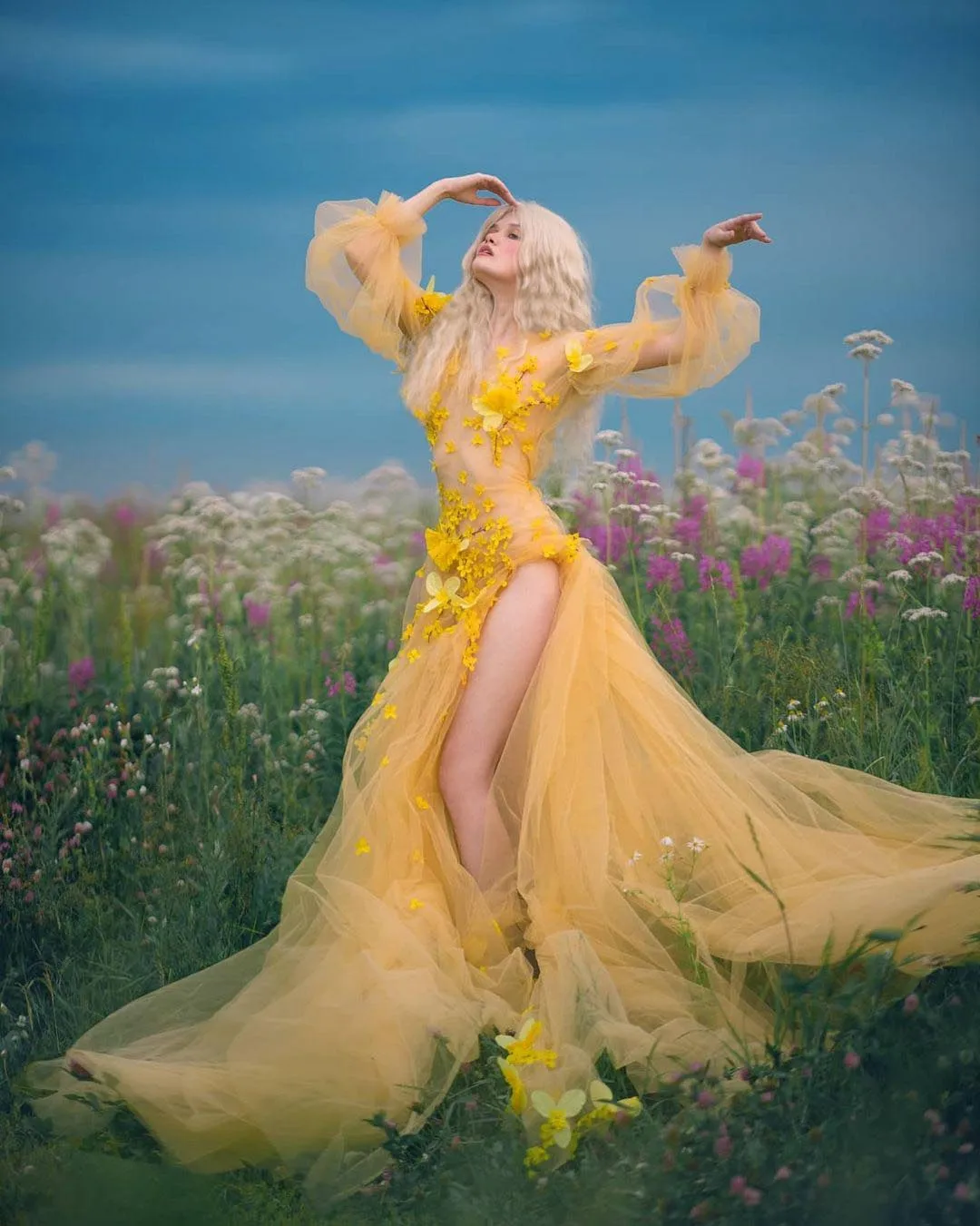 Yellow Tulle Prom Dress With 3D Flowers Floral Print Dress See-Through Sexy High Side Silt Dress With Train Photo Shoot Dresses