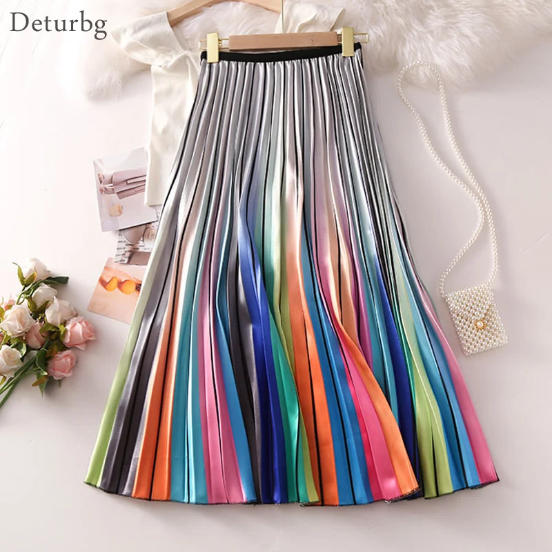 

Women's Gradient Rainbow Print Skirt Ladies Fashion High Waist Pleated Satin Midi Skirts Faldas Saias Faldas Spring Autumn SK492