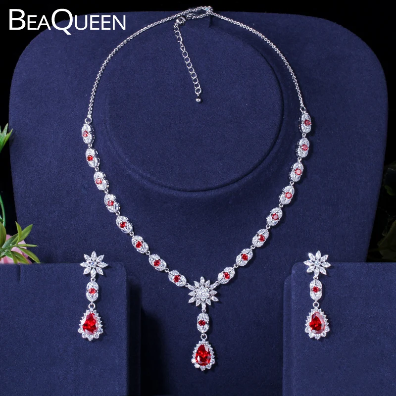 

BeaQueen Красивый Красный кубический цирконий цветок и Капля воды Свадебные регулируемые ожерелье серьги Ювелирные наборы JS178