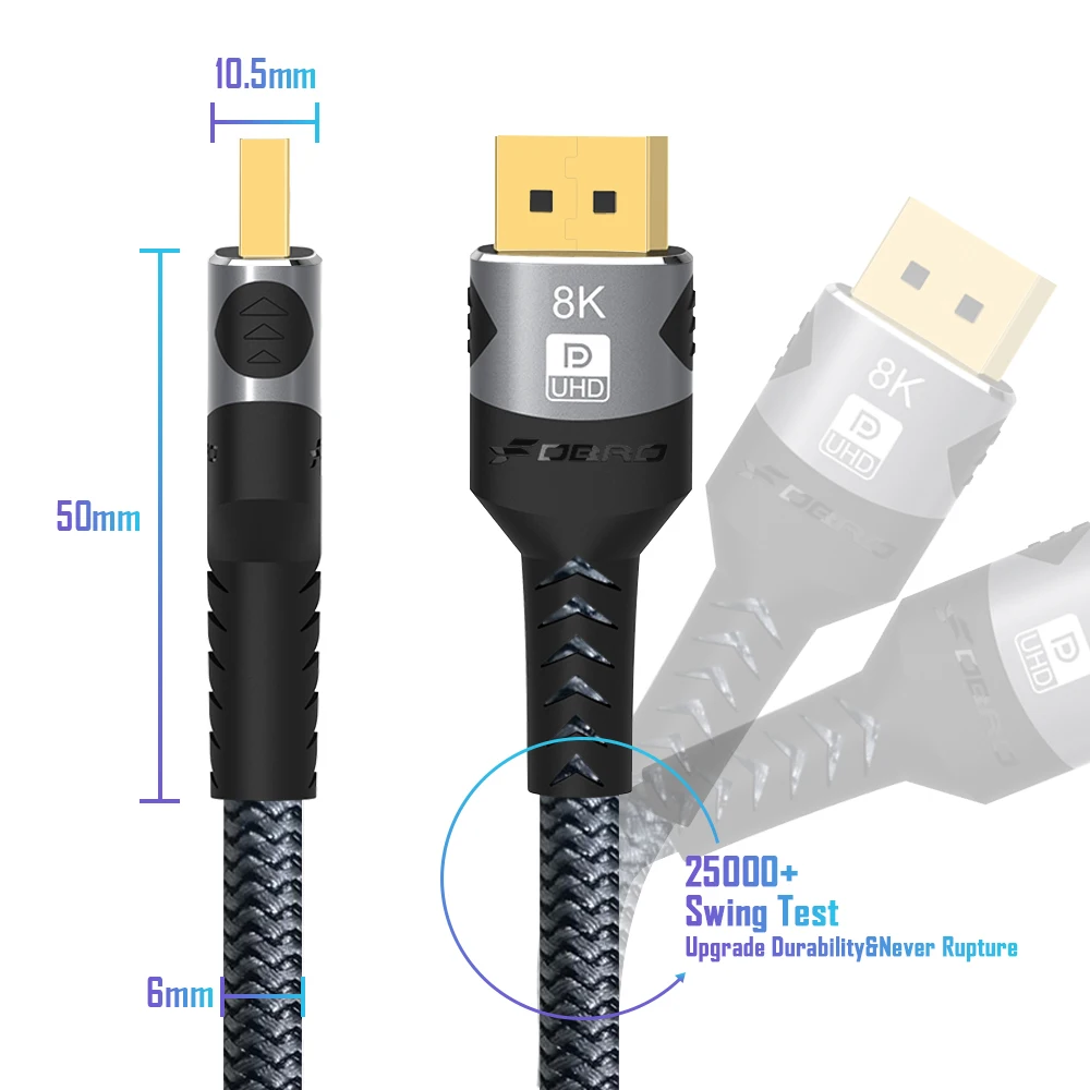 54 Gbit/s Displayport-Kabel 2.1, 16K DP 2.1-Kabel, 8K@60Hz, 4K@240Hz, unterstützt HDR10, HDCP, DSC 1.2a, für 5090, 7900 Grafikkarten/PC/TV – Detail 12