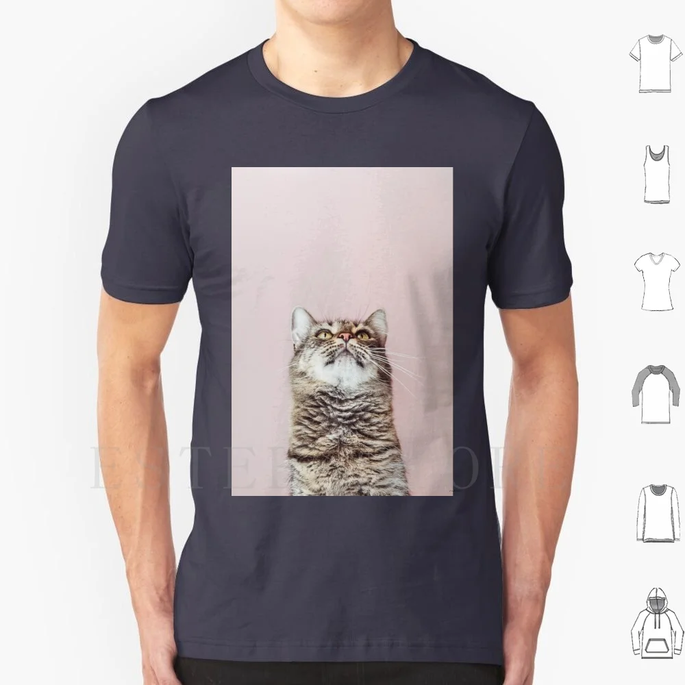 T-shirt en coton pour homme avec impression DIY : Magnifique chat levant la tête, portrait animal, fond de paysage, chat proche, chat mignon, félin, moelleux