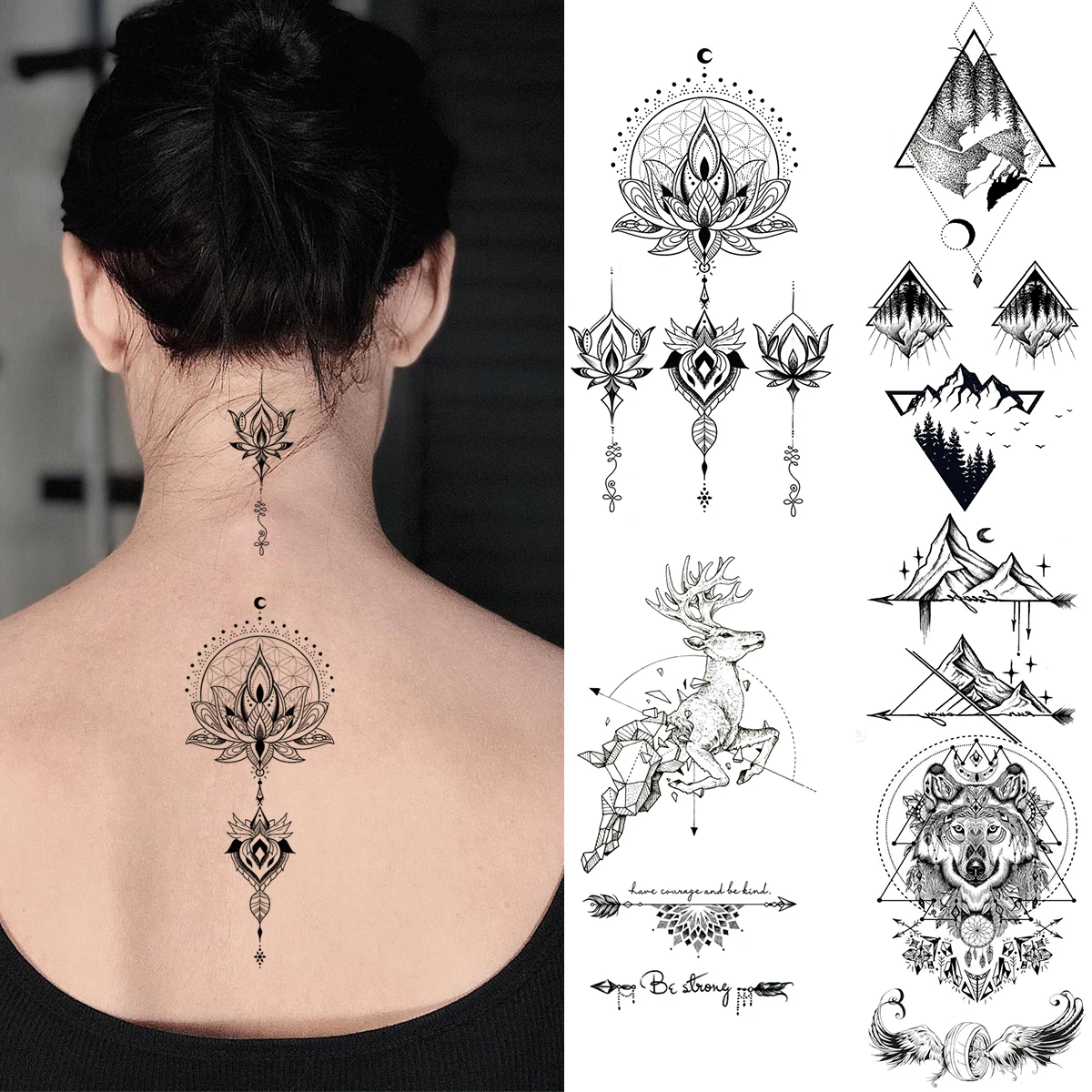 Lotus Mandala Flower Deer Sexy Temporary Tattoos For Women Neck Back Adult Geometric Tribe Fake Tattoo Body Art Waterproof Tatoo