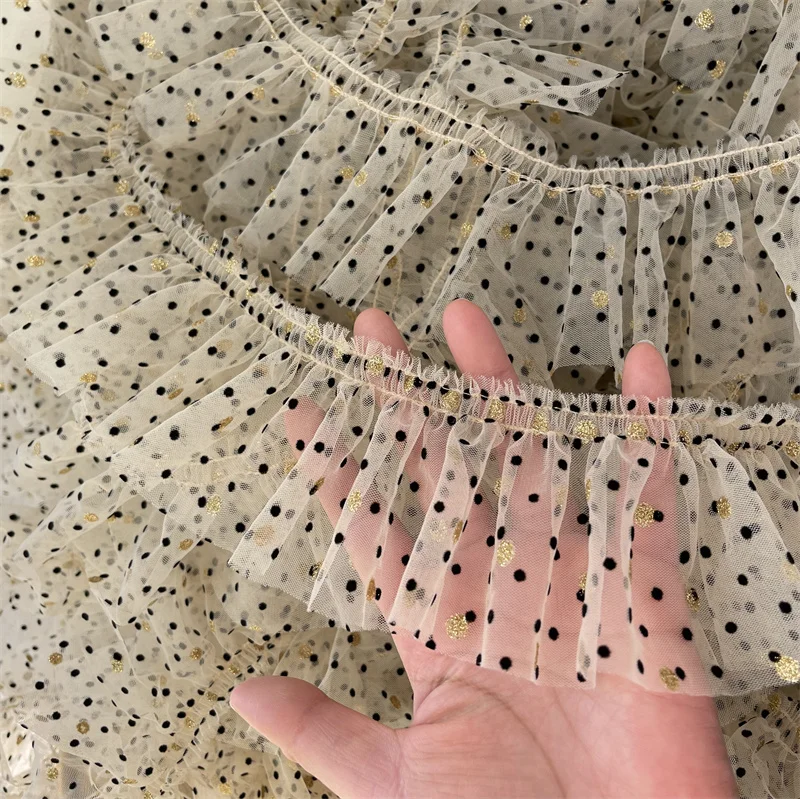 2meter/5meter /10meter 8cm Beige Mesh Black Dot Fabric/ Bronzing Gold Dot Pleats Lace Trim Pet/ Doll Dress Accessories X579