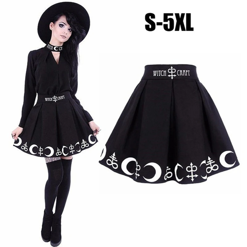 Women Plus Size Gothic Witch Lolita Skirts Black Elegent Restyle Witchcraft Moon & Occult Symbol Pleated Cosplay Costume S-5XL
