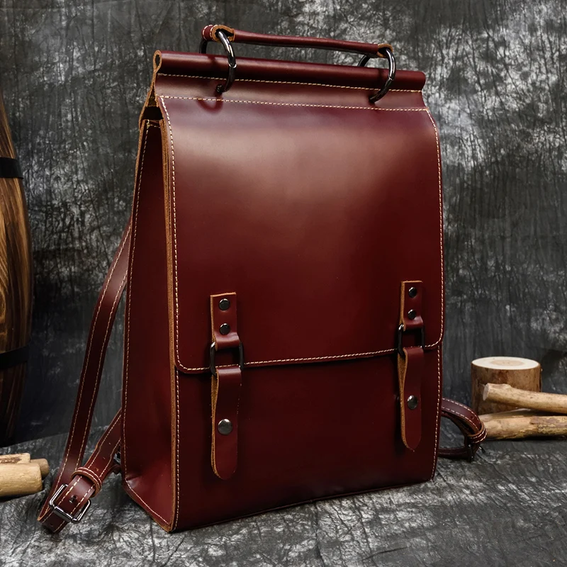 High Fashion Men Women Backpack Genuine Leather Daypack For Male Female Bagpack School Bags Dark Red Brown Travel Backpack