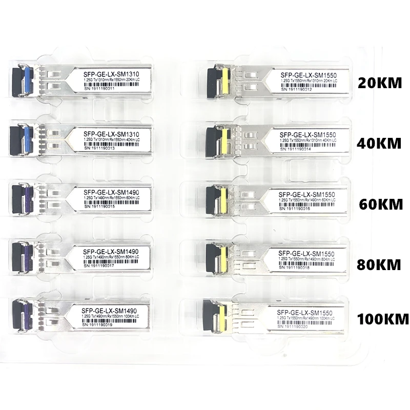 Módulo de fibra óptica LC SFP 1,25G LC 20/40/60/80/100KM 1310/1490/1550nm, transceptor de módulo óptico SFP de fibra única para UU OLT