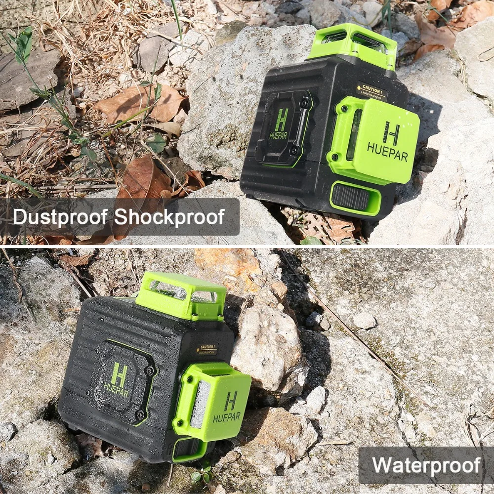 Huepar 2X360 Baterai Li-ion Sinar Hijau Level Laser Perata Mandiri Garis Silang dengan Port Pengisi Daya Tipe C & Casing Keras