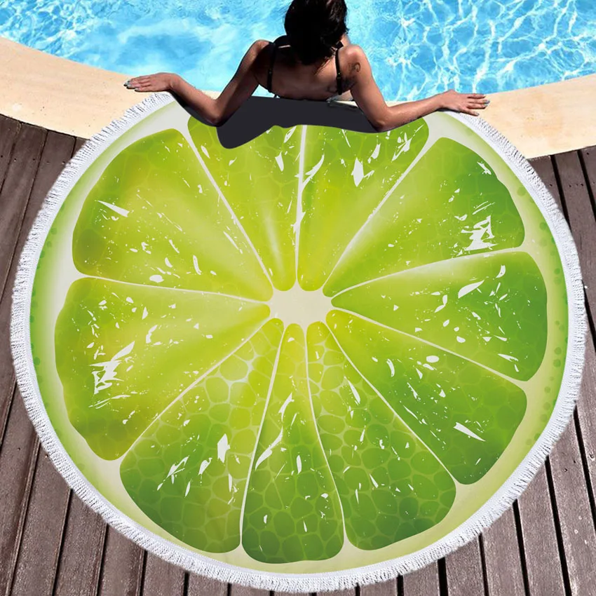 

Watermelon Orange Microfiber Round Beach Towel Fruit Thick Shower Bath Towels Summer Swimming Circle Mat Towel With Tassels 550g