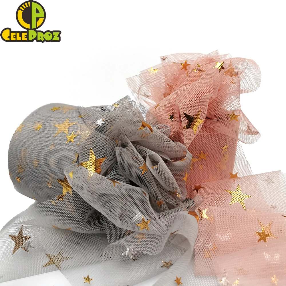 6cm 25yards Golden Star Tulle Rolls Ribbon Organza Mesh Tape For DIY Sewing Crafts Material Girl\'s Hair Bows Doll Tutu Bowknot