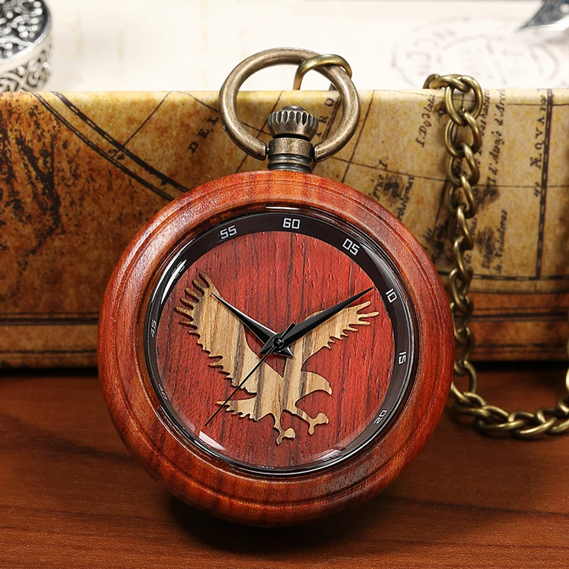 Eagle Box Package No Cover Bronze Deer Eiffel Tower Stripe Real Wooden Pocket Quartz Watch Fob Chain Women Men Male Clock