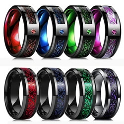 Fashion Men's 8mm Red Tungsten Wedding Celtic Dragon Rings Inlaid Blue Zircon Stainless Steel Green Carbon Fibre Rings For Men