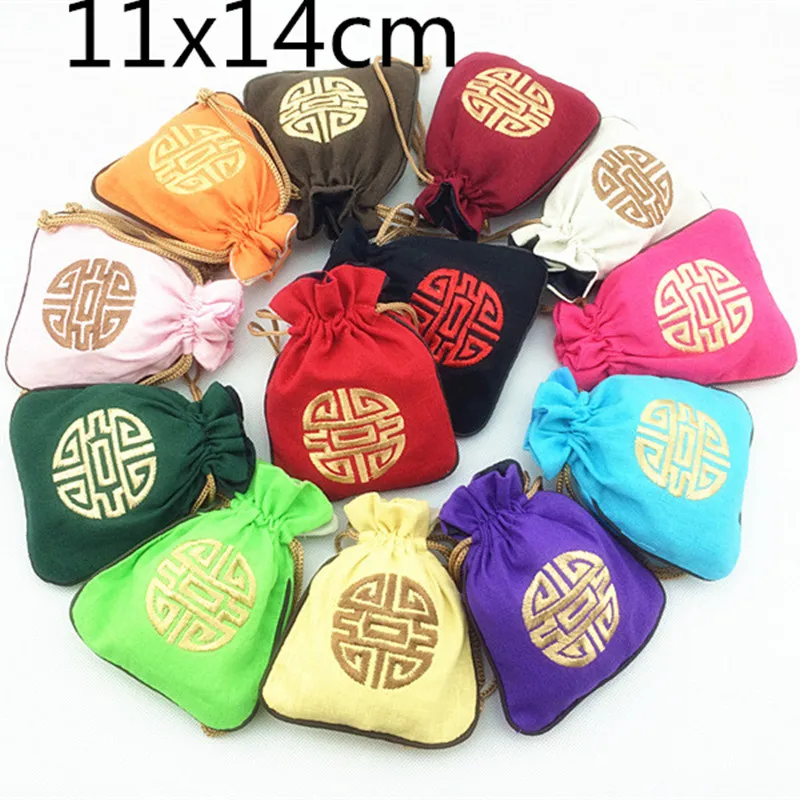 

50pcs 11x14cm Chinese Cotton Linen Small Jewelry Gift Pouch Embroidered Lucky Drawstring Empty Tea Candy Bag Wedding Birthday