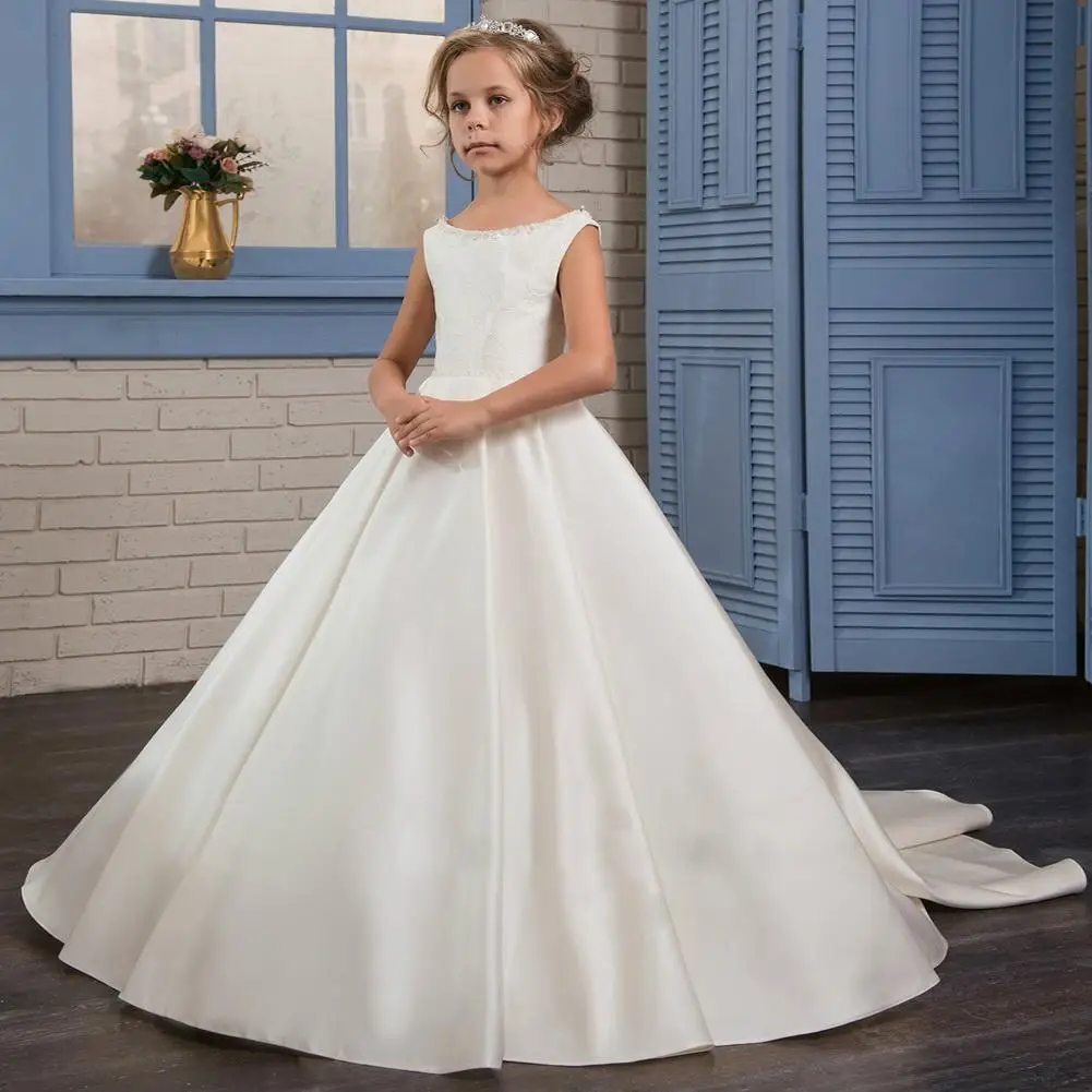 

Elegant Pageant Dresses for Juniors White Bow Sash O-Neck Long Sleeves Solid Ball Gown Girls Communion Dresses New Arrival