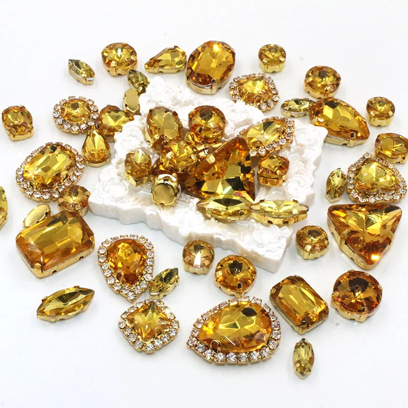 50pcs/Bag Golden Yellow Mixed Shape Sew on Glass Rhinestone Gold Claw Crystal Buckle Diy Wedding Decoration Clothes/Shoe/Dress