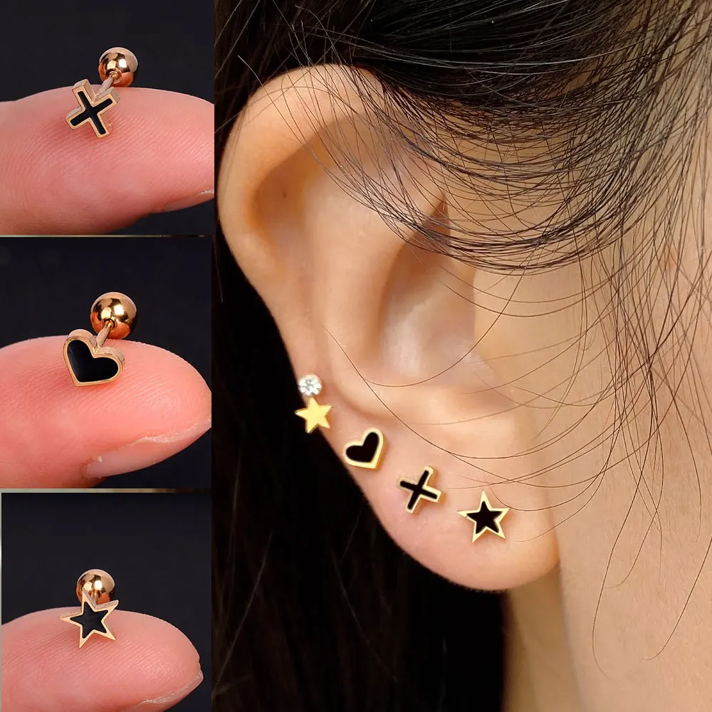 1Pcs Stainless Steel Stud Earrings for Women Star Heart Daisy Butterfly Cross Helix Cartilage Tragus Lobe Ear Piercing Jewelry