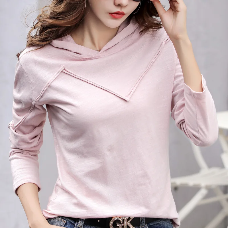 

Autumn Women Cotton Bamboo T Shirt Top Long Sleeve Hooded Casual Tee Shirt Femme Female Slim Sexy Tops Fashion Clothes