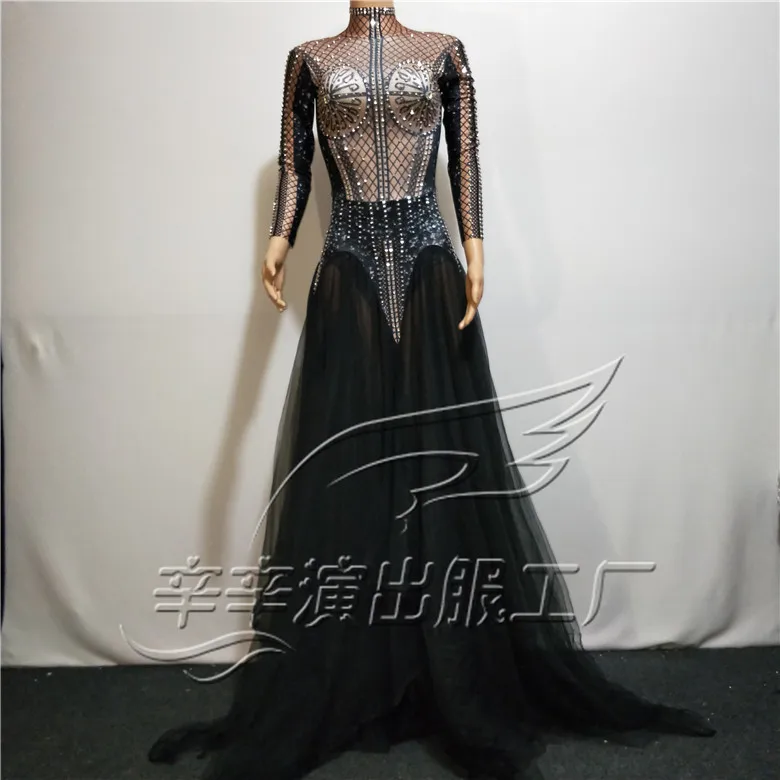 Frauen Neue Sommer Mode Schwarz Netto Kleid Geburtstag Feiern Strass Kleid Peroformance Kostüm Tanz Body Lange Kleid